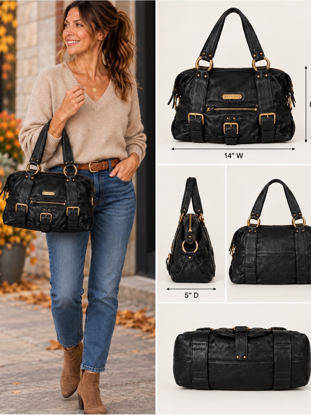 Michael Kors Austin Black Leather Buckle Moto Satchel Y2K Gold Hardware